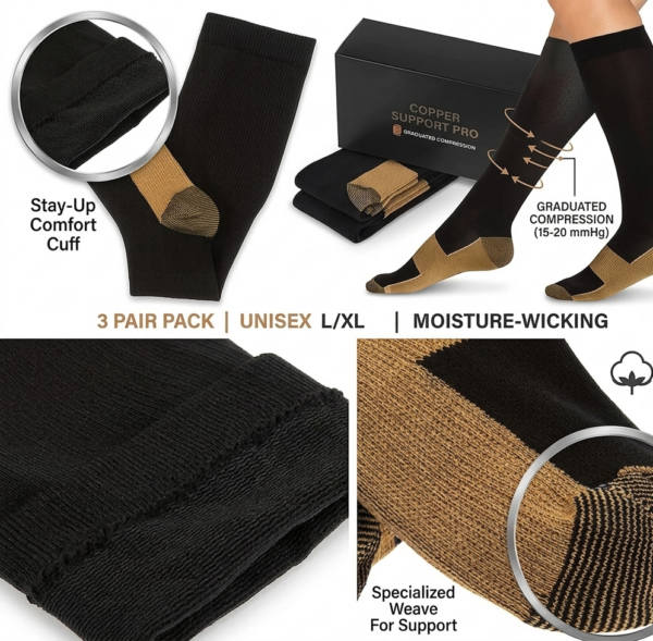 3 Pairs - S/M Unisex Copper-Infused Compression Socks-Travel-Circulation Support